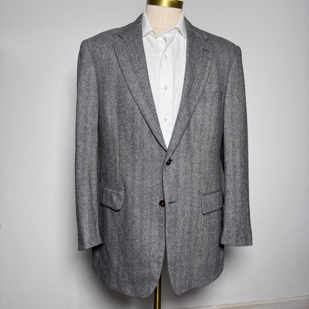 W.H. Belk Blazer Mens 42 Long‎ Grey Herringbone 100% Cashmere Sport Coat